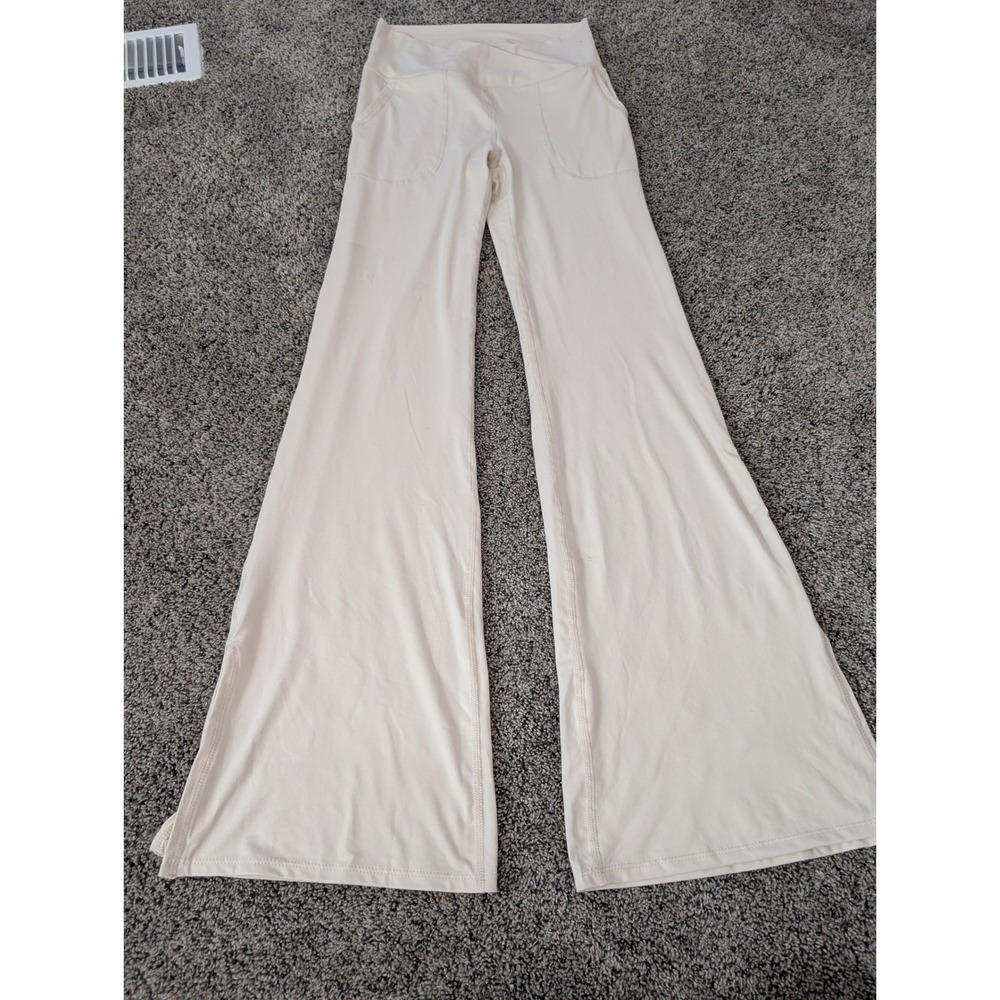 RM‎ Women Cream Crossover V-Waist Flare Leggings Side Slit Pockets Small